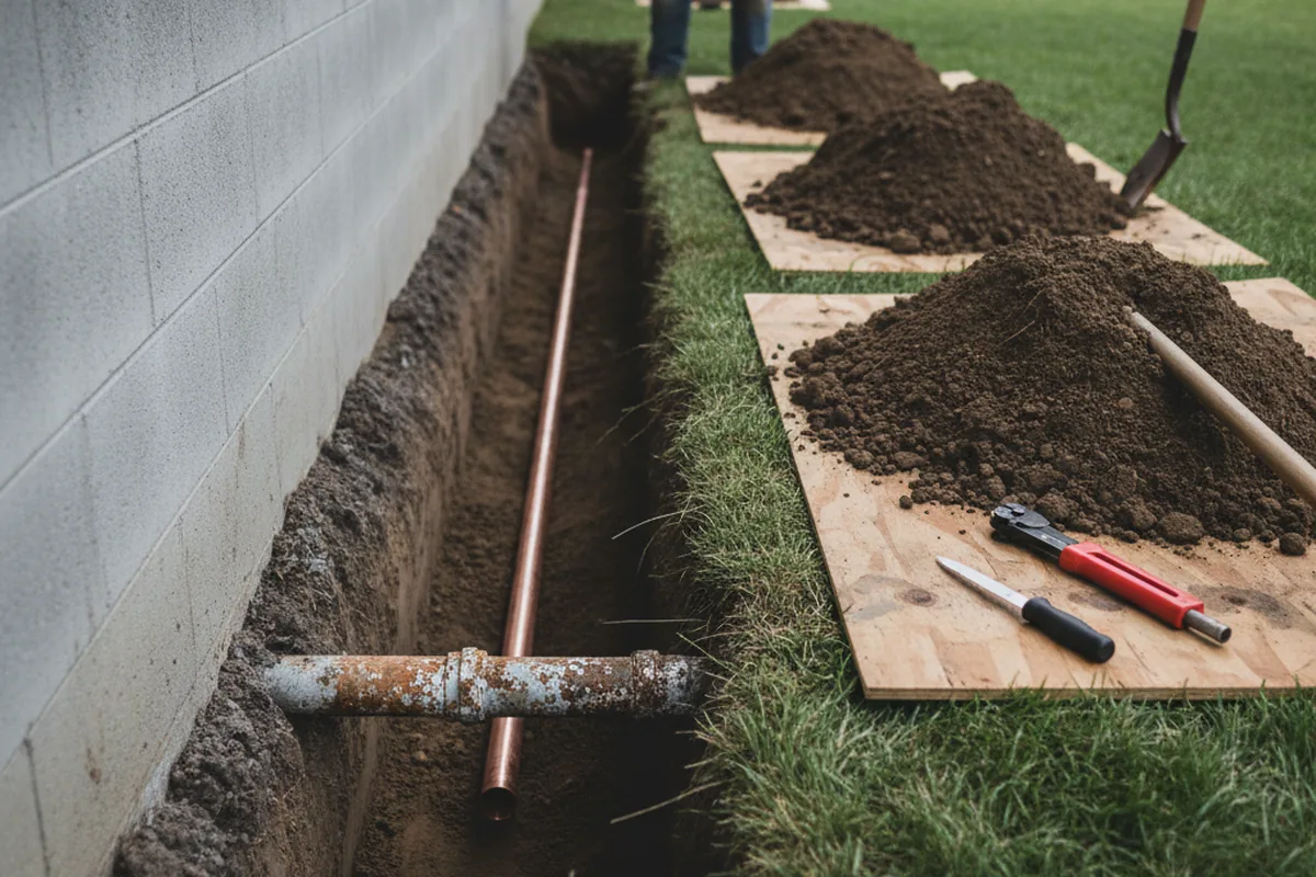 Excavated water line trench during Water Softener Installation in Dickerson Run